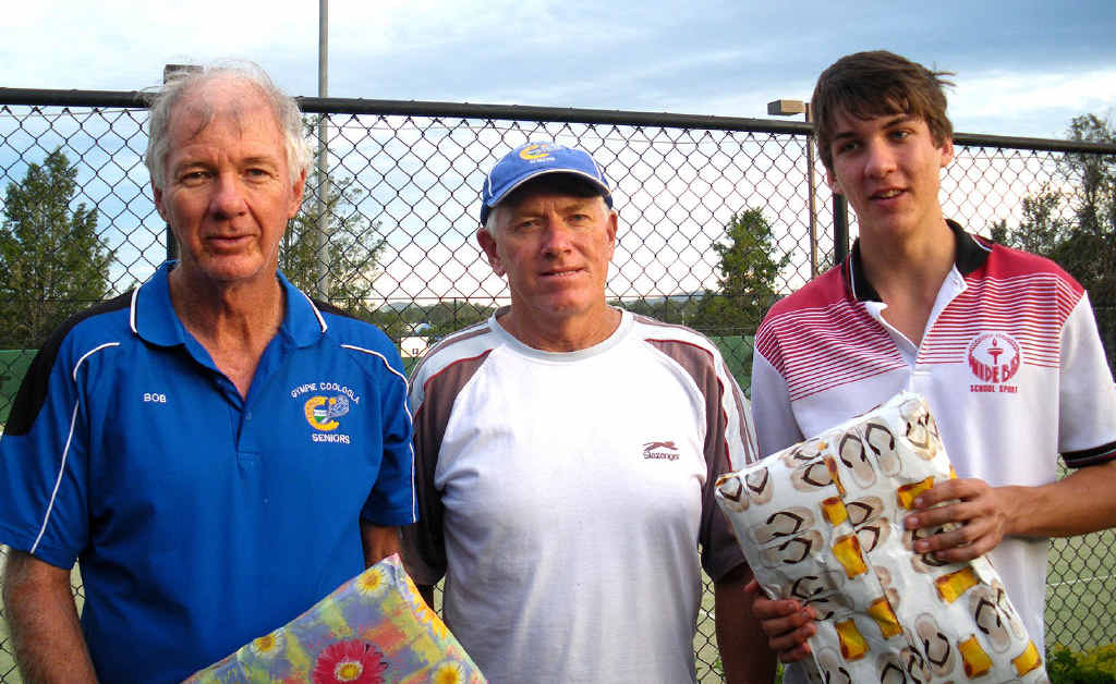 Bob McPherson, winner of Gympie Cooloola Veterans Tennis Anzac tournament, with president Greg Hampson and runner-up Stewart McPherson. Bob McPherson, winner of Gympie Cooloola Veterans Tennis Anzac tournament, with president Greg Hampson and runner-up Stewart McPherson.